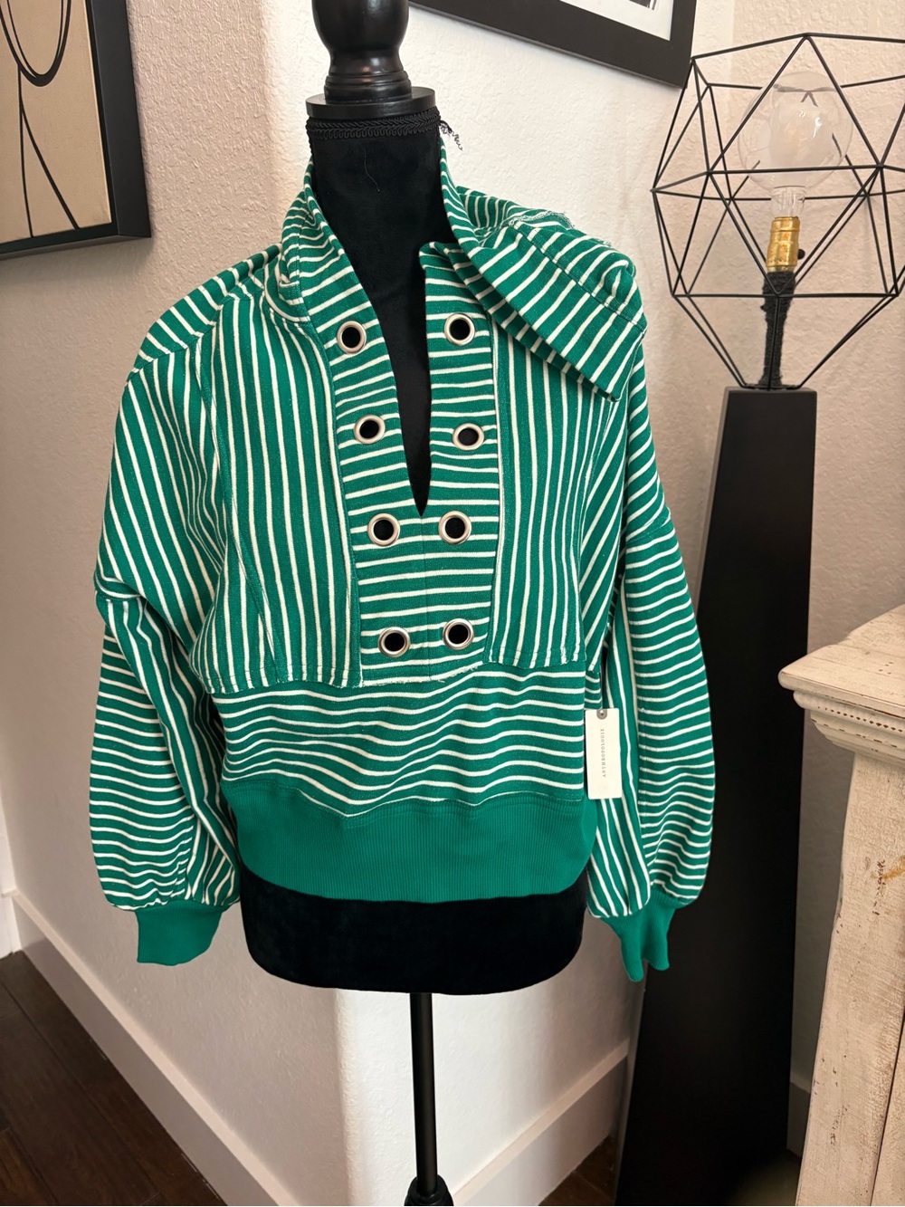 Pilcro Green & White Striped Hooded Pullover with Grommet Detail